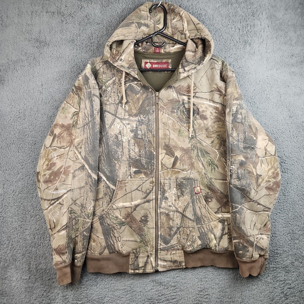 Vtg Realtree Dri Duck Canvas Workwear Hooded Jacket Mens XL Lined Fade Distress